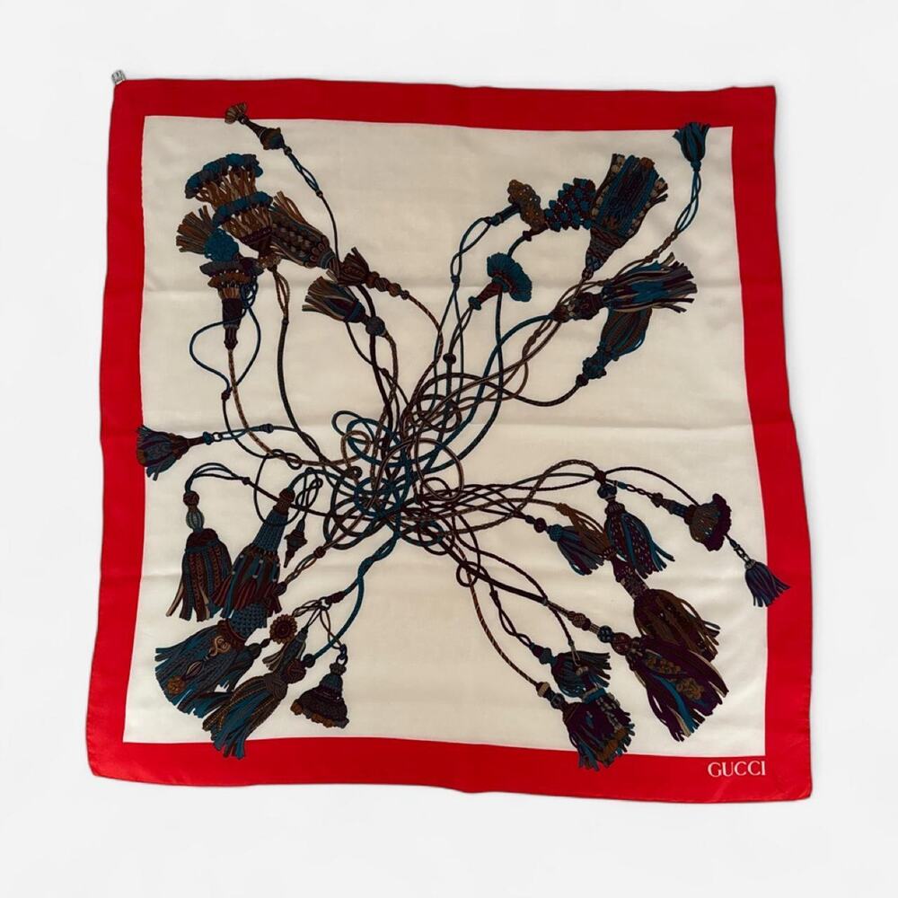 Vintage Gucci 100% Silk Scarf Made in Italy Red Ivory Tassel Passementerie